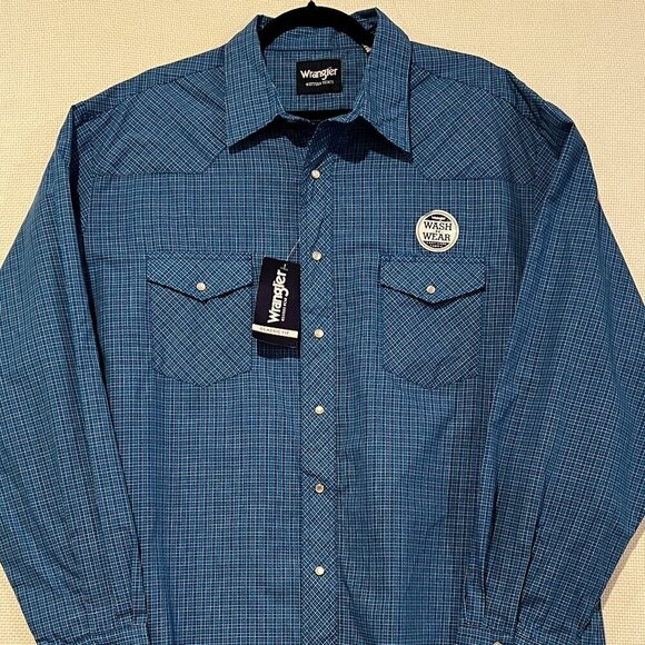 Wrangler Mens 2XLT Western Cowboy Cut Pearl Snap Blue Plaid Work Shirt NWT - Picture 1 of 9